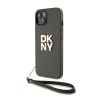 DKNY PU Leather Stack Logo Apple iPhone 13 hátlap tok csuklópánttal, barna
