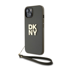 DKNY PU Leather Stack Logo Apple iPhone 13 hátlap tok csuklópánttal, barna tok és táska