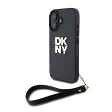 DKNY PU Leather Stack Logo iPhone 16 tok csuklópánttal, fekete tok és táska