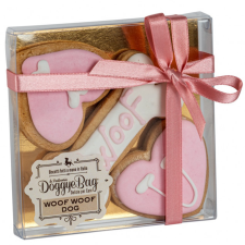  DoggyeBag kézműves kutyakeksz- Woof Woof Dog kekszcsomag joghurtos bevonattal prémium csomagolásban, Rózsaszín jutalomfalat kutyáknak