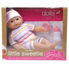 Dolls World Little Sweerie baba, 30 cm, 16 féle hangot adó, alvós szemű baba, kiegészítőkkel baba