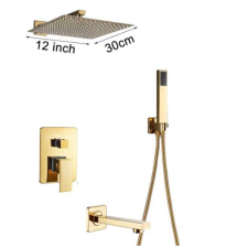 Dusche Fali zuhanyszett falba építhető falsík alatti csaptelep arany kádtöltő, esőztetős zuhanyfej sárgaréz 25 cm, kézi zuhanyfej keverőcsappal csaptelep