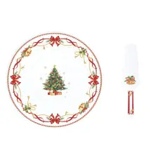 Easy Life Design Karácsonyi porcelán tortatál lapáttal Christmas Tale karácsonyi dekoráció