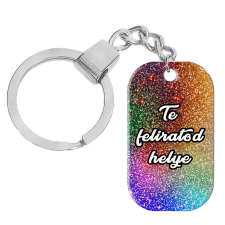 Egyedi feliratos, rozsdamentes fém dögcédula kulcstartó, liláspink glitter színben kulcstartó