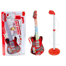 Elektromos gitár készlet állvánnyal és mikrofonnal, piros játékhangszer
