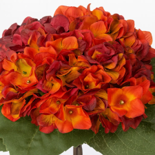  Élénk vörös , narancs árnyalatú mű hortenzia csokor, élethű textúrával dekoráció