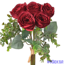  Eukaliptuszos rózsa selyemvirág csokor 36cm - Bordó dekorációs kellék