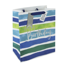 Eurowrap Ltd. Eurowrap ajándéktasak (26,5x33x14 cm) kék, zöld csíkos, Happy Birthday (4) ajándéktasak