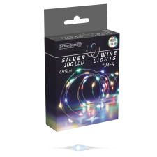  Ezüst drótkábeles fényfüzér 100 LED-es időzítős elemes (elem nélkül) multi dekorációs kellék