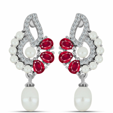  Ezüst Fülbevaló Madagaszkári Rubinnal és Fehér Édesvízi Kagylógyönggyel, Y62072 fülbevaló