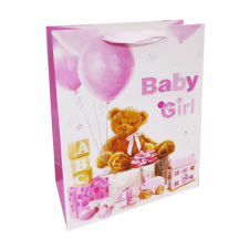 Fakopáncs Ajándéktasak - közepes (Baby Girl, maci rózsaszín lufival) ajándéktasak