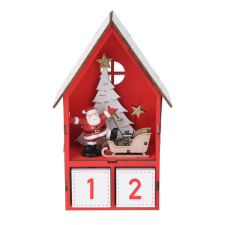 Fakopáncs Dekorációs figura, adventi naptár LED világítással (piros házikóban Mikulás és szánja) karácsonyi dekoráció