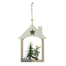 Fakopáncs Karácsonyi dekoráció (fehér tetejű házikóban rénszarvas és fenyőfa) karácsonyi dekoráció