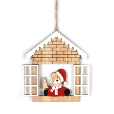Fakopáncs Karácsonyi dekoráció (házikóban maci, fehér ablakkal) karácsonyi ablakdekoráció
