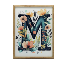 FALI PLAKÁT ALUMÍNIUM KERETBEN M BETŰ VIRÁGOK LEVÉLEK 40x50 CM grafika, keretezett kép