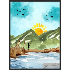  Falikép – Egyedi feliratos horgász és naplemente (videóvetítő opcióval) grafika, keretezett kép