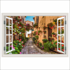  Falmatrica Ablak Macskaköves utca, virágok, középkori város, 300 x 200 cm tapéta, díszléc és más dekoráció