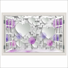  Falmatrica Purple Dandelions ablak, fehér téglafal, szívek, 250 x 170 cm tapéta, díszléc és más dekoráció