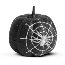 Family Halloween-i tök dekoráció - fekete glitteres - pókhálóval - 15 cm dekoráció