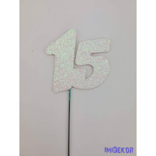  Fehér csillámos szám drót pálcán - 15 dekorációs kellék