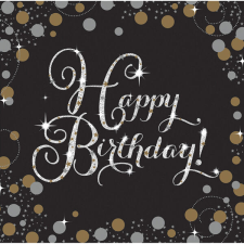 Fekete-arany szalvéta, happy birthday, 16 db, 33x33 cm papírárú, csomagoló és tárolóeszköz