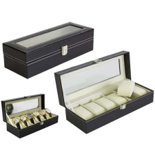  Fekete műbőr karóratartó doboz tükörrel, 6 órának ékszerdoboz