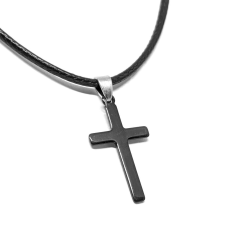  Fekete Nemesacél Kereszt medál fekete bőr nyaklánccal nyaklánc