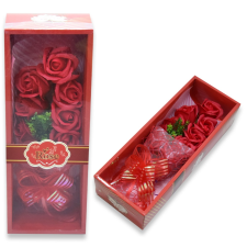 FH hely Rózsacsokor elegáns dobozban - élethű, illatos művirág / piros dekoráció