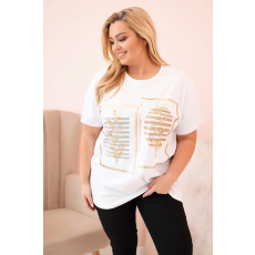 FiatalDivat Oversize pamut póló színes nyomtatással és cirkóniákkal, 1301-es modell fehér+camel szín
