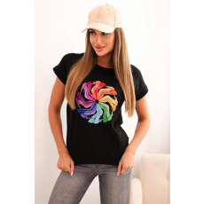 FiatalDivat Pamut rövid ujjú póló színes nyomtatással, 69941 modell, fekete