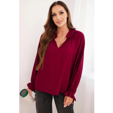 FiatalDivat Viszkóz blúz V-nyakkivágással és megkötővel az ujjakon, 25717-es modell, sötét bordó