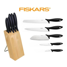 FISKARS Essential 5 db-os késkészlet fa késblokkban 1023782 (200625) tányér és evőeszköz