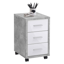 FMD betonszürke és magasfényű fehér színű mobil fiókos szekrény bútor