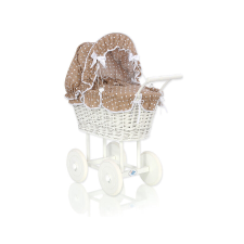  Fonott babakocsi barna ágyneművel és béléssel - fehér játék babakocsi