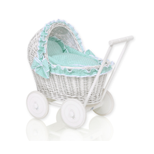  Fonott babakocsi fehér színben, menta színű ágyneművel és puha béléssel, CHIARA játék babakocsi