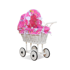  Fonott babakocsi rózsaszín ágyneművel és béléssel - fehér játék babakocsi