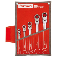 Fortum 4720201 csuklós racsnis csillag-villás kulcs klt. 5db, mattkróm; 8-10-13-17-19mm, 72 fog, műanyag tartó+vászon tok FORTUM villáskulcs