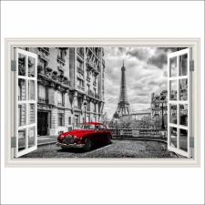  Fotótapéta Ablak Piros autó, Eiffel-torony, Retro, 250 x 170 cm tapéta, díszléc és más dekoráció