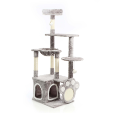 Fudajo Macskafa Mancsos Kaparódeszkával Szürke 135 cm, Macska kaparóoszlop Macskaházzal és Napozóággyal, Platformokkal macskabútor
