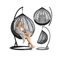 Függőfotel szürke ülőpárnával 115x108x195cm, rattan hatású, fekete kerti bútor