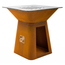 G21 Montana Corten acél modern kerti grillsütő planchával, 85 x 85 cm grillfelülettel, fatárolóval grillsütő