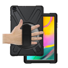 Gigapack Defender műanyag telefonvédő (közepesen ütésálló, kitámasztó, 360°-ban forgatható + kézpánt) FEKETE [Samsung Galaxy Tab A 10.1 LTE ... tablet tok