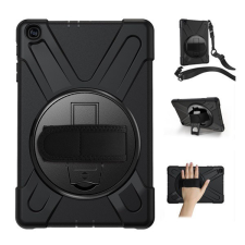 Gigapack Defender műanyag telefonvédő (közepesen ütésálló, kitámasztó, 360°-ban forgatható + kézpánt, vállpánt) FEKETE [Samsung Galaxy Tab A ... tablet tok