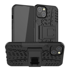 Gigapack Defender műanyag telefonvédő (közepesen ütésálló, szilikon belső, kitámasztó, autógumi minta) FEKETE Apple iPhone 13 tok és táska