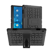 Gigapack Defender műanyag telefonvédő (közepesen ütésálló, szilikon belső, kitámasztó, autógumi minta) FEKETE Lenovo Tab M10 (TB-X605F) tablet tok