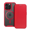 Gigapack Tok álló, bőr hatású (FLIP, oldalra nyíló, kártyazseb, kameravédő, mágneses, átlátszó matt hátlap, MagSafe) PIROS Apple iPhone 15 Pro