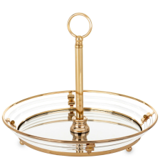  Glamour design kecses kerek sárgaarany fém kínálótálca lábakon üvegfelülettel és fogantyúval 32x26x26cm konyhai eszköz