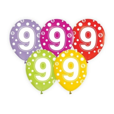 Godan Színes, pöttyös számos lufi 5 darabos szett - 9 party kellék