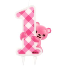 Godan Születésnapi gyertya, 12cm, mackó, "1", rózsaszín, rózsaszín gyertya