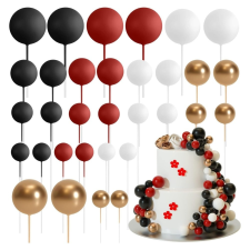  Gömb Tortadísz beszúró szett, 36db-os, Arany-Fehér-Piros-Fekete party kellék